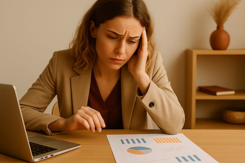 Baisser budget Google Ads – illustration e-commerçante inquiète devant ses résultats