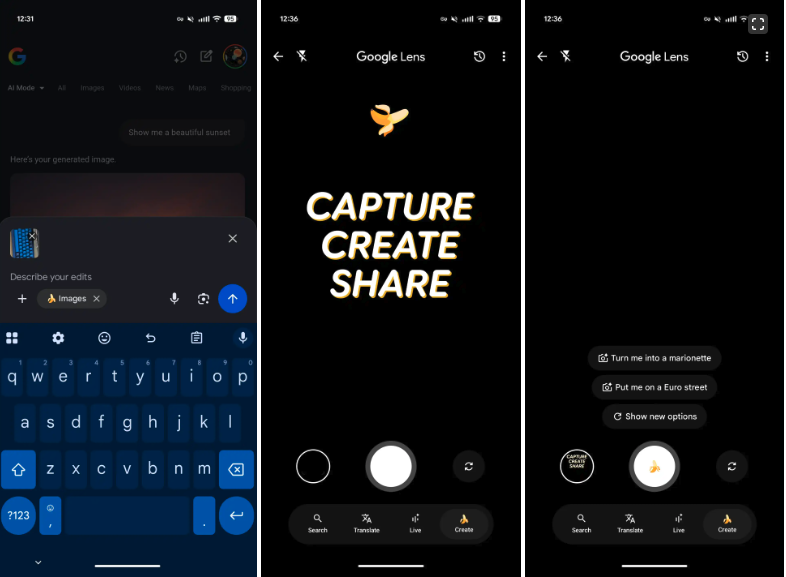 Interface du mode Create de Google Lens présentant les fonctions Capture, Create et Share du nouvel AI Mode.