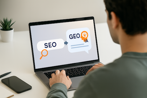 Ordinateur affichant IA SEO GEO illustrant le passage du référencement SEO au GEO à l’ère des moteurs d’IA
