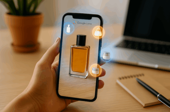 Un smartphone affichant Google Lens analysant un produit et proposant des suggestions d’achat similaires, illustrant la recherche visuelle par l’IA.