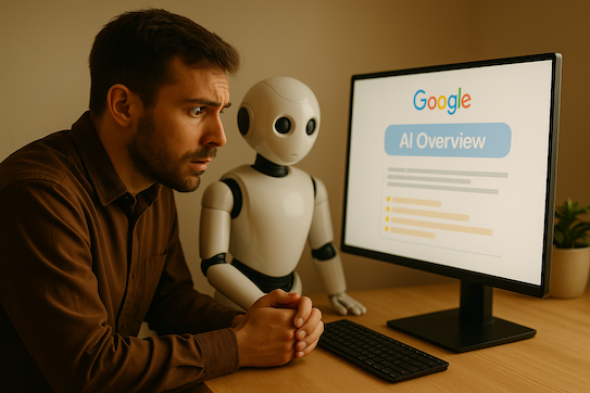 Homme inquiet devant un écran affichant “Google AI Overview”, aux côtés d’un robot — illustration de l’impact de Google Ads IA sur la visibilité et les clics.